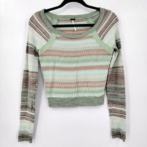 Free People Women's Small Pullover Tight Knit Sweater Stripes Lace Accent FLAW